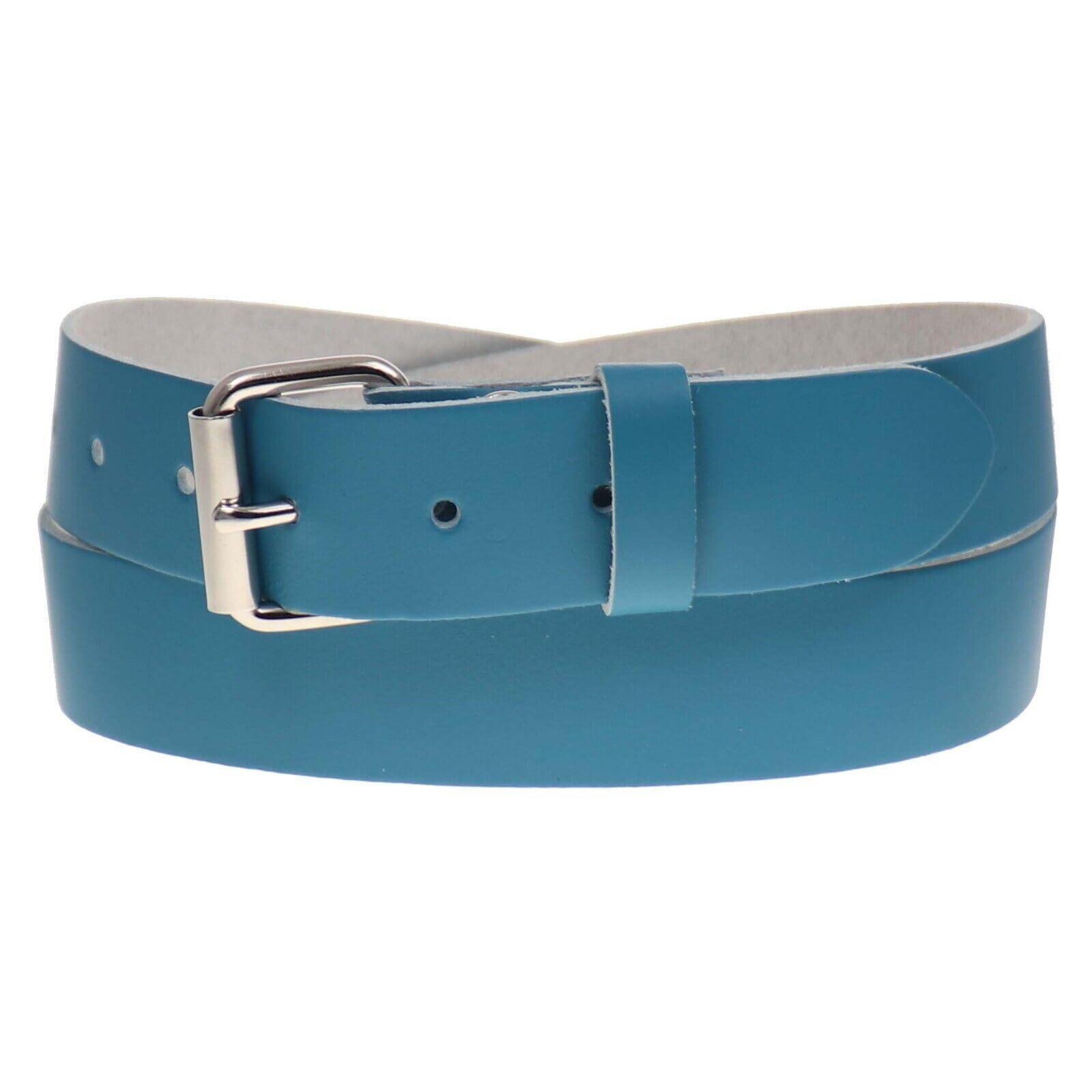 BULLET 69 35mm Colourful Leather Jean Leather belts Mens Womens Belts[Turquoise,XLarge 40" - 44" Waist,Silver Roller]