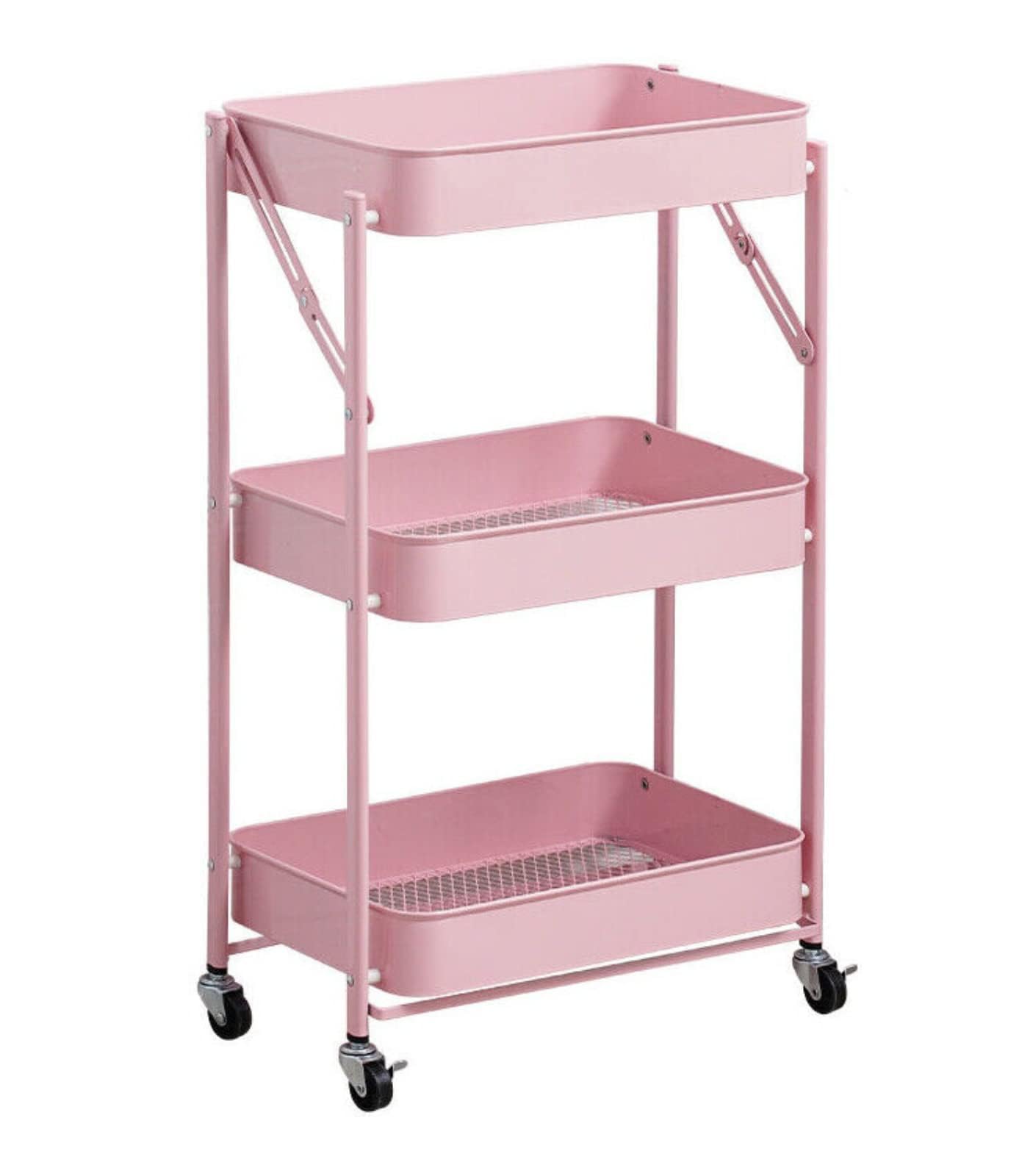 NTEK 3 Tiers Foldable Storage Trolley with Locking Wheels - Foldable Rolling Racks | Utility Carts (Pink) โ image 1