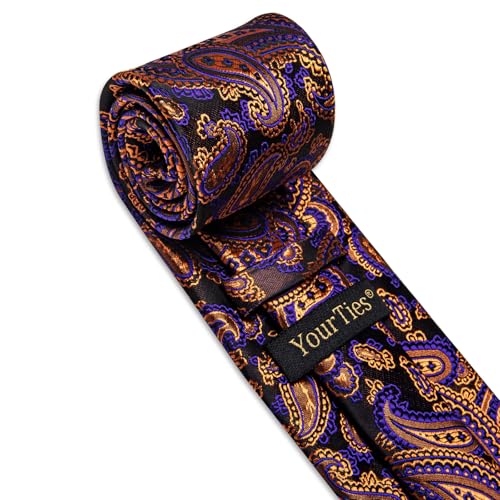 Image of YourTies Silk Paisley Floral Tie and Pocket Square Cufflinks with Lapel Pin Sets for Men 5PC Wedding Party