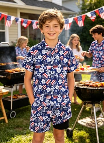 Image of UNICOMIDEA Boys 4th of July Outfits Kids Patriotic Independence Day Tropical Short Sets for 5-12 Years