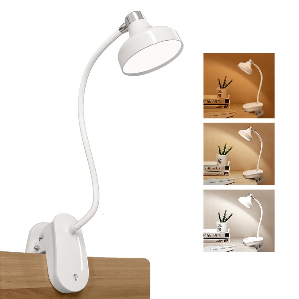 Clip On Clamp Light for Bed Headboard,Rechargeable Desk Lamp,3 Colors (White/Warm White/Warm),Dimmable 360° Gooseneck,20 LED,Eye-Caring Light for Study & WorkCollege Dorm Essentials for Girls & Guys