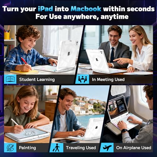 Image of Clear Keyboard Case for iPad Pro 11 Inch (M4 /M5 2024 /2025) 360 Swivel Multi-Touch Trackpad,with Wireless Bluetooth 3-Brightness & 7-Color Backlit, Pencil Holder tecla de acceso directo White