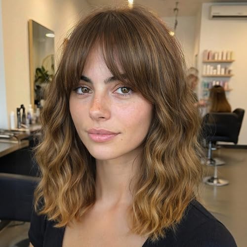 Image of Nnzes Short Wavy Bob Wig with Bangs for Women Shoulder Length Curly Soft Brown to Honey Blonde Ombre Synthetic Heat-Resistant Fiber Hair for Daily & Party Use