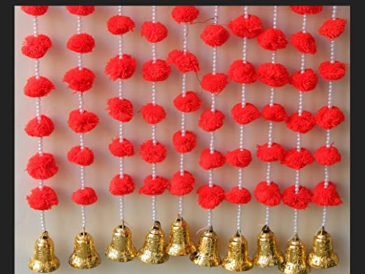 Sellplus Handmade Wall Door 5 ft.Strings Hanging Pom Pom Torans Garland Bandhwar with Golden Bells Decoration Item for Home Décor Diwali Festival,Navratri,Wedding (5 FT 6 Strings) 3