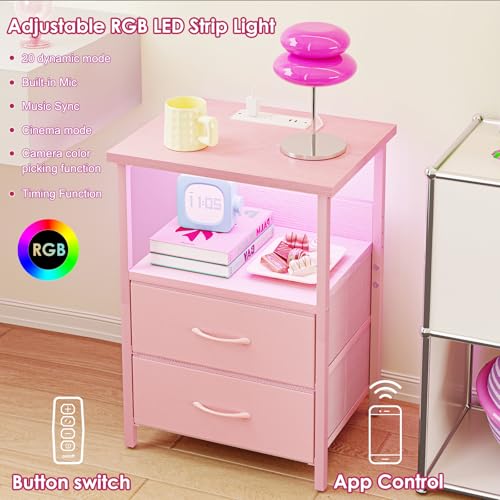 Image of Fixwal Night Stand with Charging Station, LED Nightstand with U-S-B Ports and Outlets, 2 Fabric Storage Drawers with PU Finish, Small Bedside Table, Pink