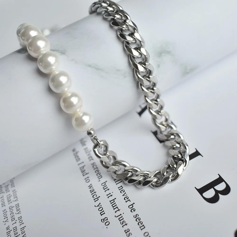 Sterlingsilber, natürlich, für Damen und Herren, Vintage-Armband – Punk-Schmucksets, Perlen-Halbketten-Halskette mit Initiale