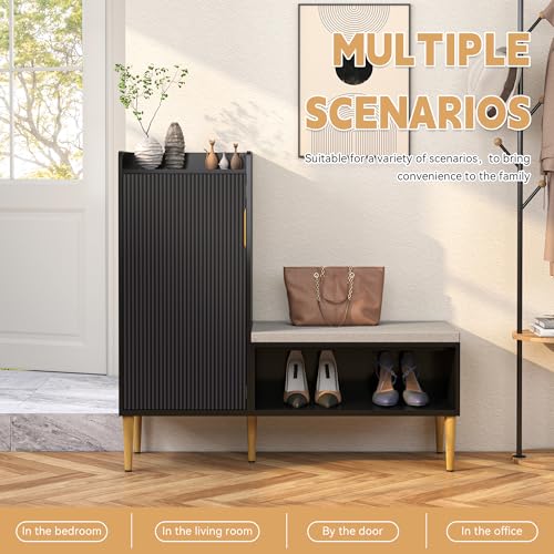 Image of Storage Bench with Fluted Door&Shelf, L-Shaped Entryway Bench | Black Modern Living Room Bench with Padded Seat, Small Shoe Organizer Cabinet for Hallway, Office