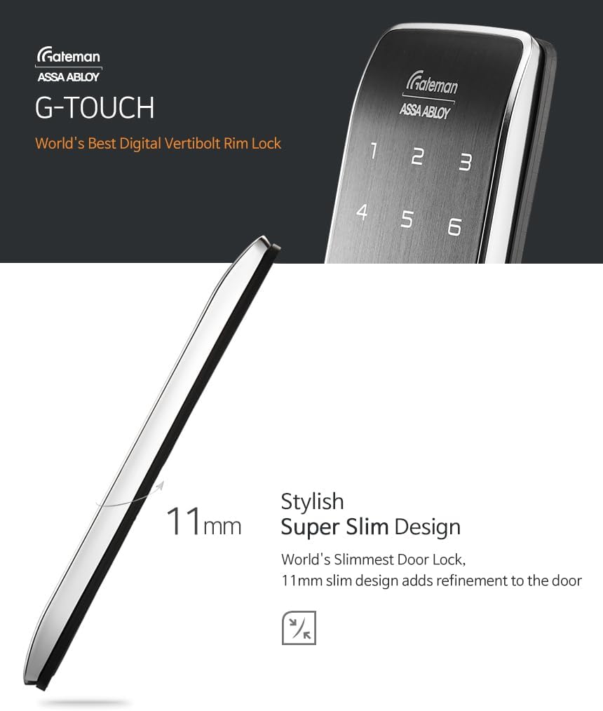 G-Touch Digital Vertibolt Rim Lock - Traceless Super Slim Body, Master Mode, Forced Lock, Automatic Locking, Volume Control, Silent Low Battery Alarm, Emergency Power Support