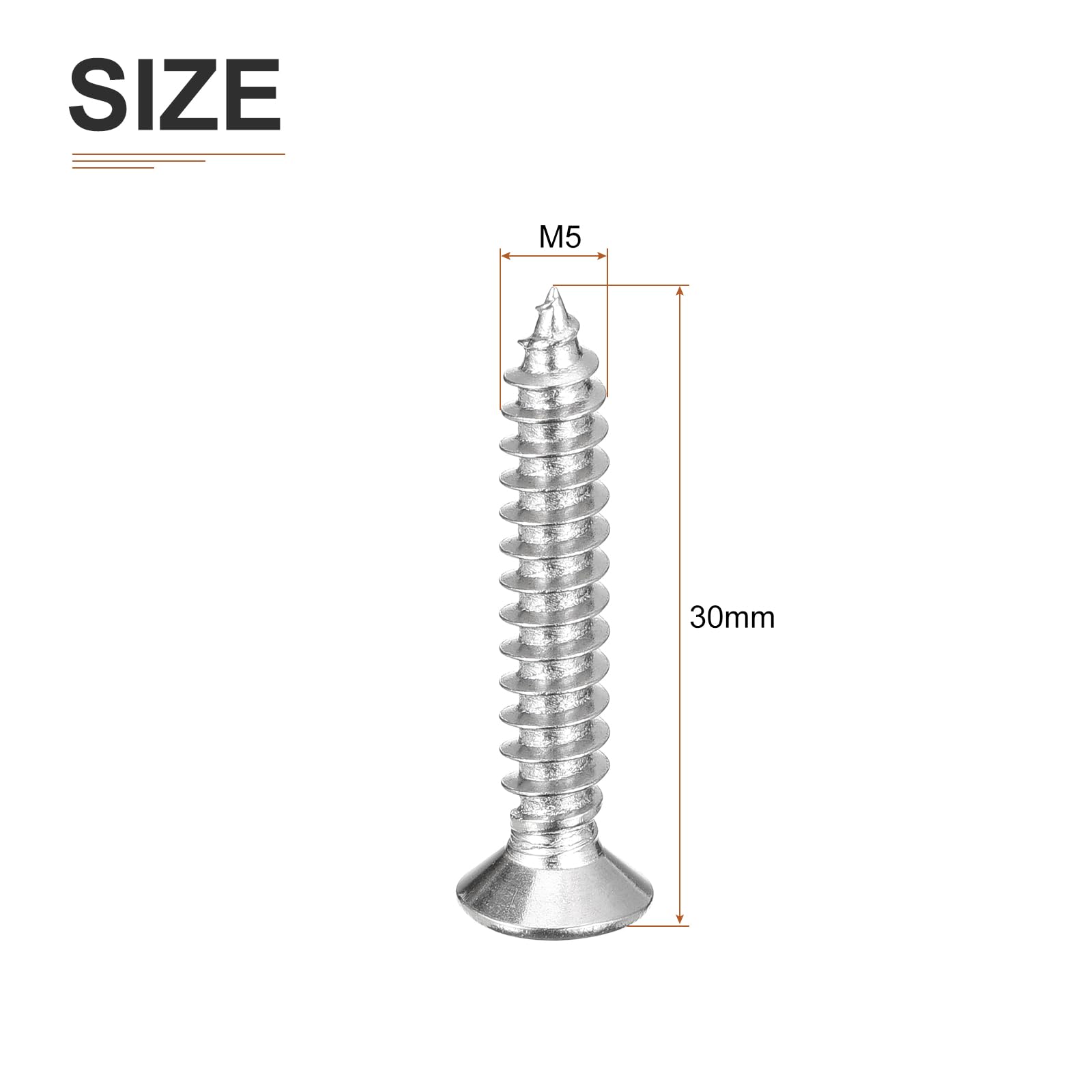DTGN 100Pcs M5x30mm Flat Head Wood Screws, 304 Stainless Steel Phillips Self Tapping Screws - Good for Woodworking Furniture - Silver - Image 2