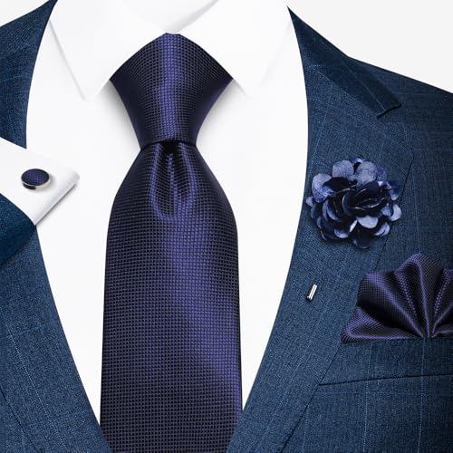 Image of Solid Color Ties Set Men Handkerchief Cufflinks Brooch 3.15 inches Classic Formal Necktie Pocket Square Set