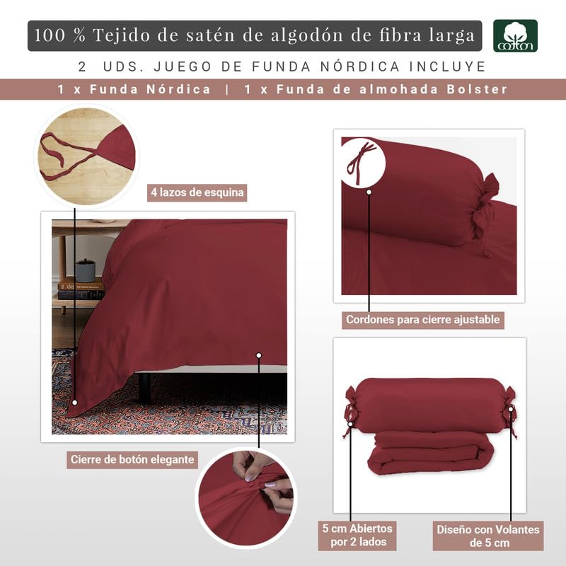 Pizuna Funda Nordica Cama 105- Juego de Funda Edredon 170x210 con 1 Funda Almohada Cilindrica, 400 Hilos Tejido Satinado de Lujo 100% algodón de Fibra Larga de (Río Rojo)