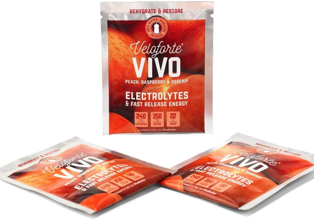 VeloforteVivo Electrolyte Hydration Powder - Peach, Raspberry & Rosehip - 9 count x 24g - 22gr Carbs, 240mg Potassium, 350mg Sodium, Rehydrate, Pure Electrolytes, 100% Natural, Vegan, Gluten Free
