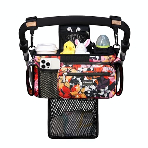 Image of TOPDesign Universal Baby Stroller Organizer, Stroller Caddy with Detachable Mesh Bag & Heightened Insulated Cup Holders & Non-Slip Secure Hooks Accessories, Fits Most Strollers (Five Petal Flower)