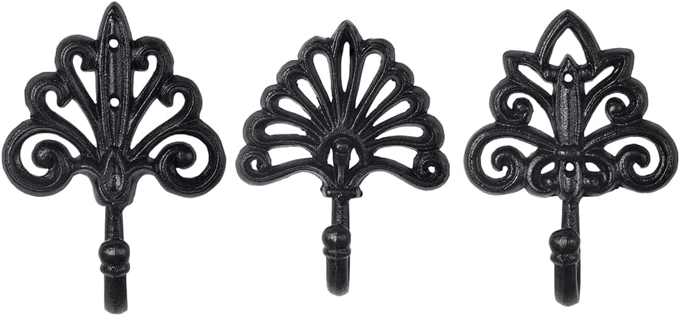 Sungmor Set of 3 Decorative Cast Iron Wall Hooks – Vintage Ornate Design with Antique Black Finish – Heavy Duty Rustic Wall Hangers for Entryway, Bathroom, Kitchen, or Bedroom Decor