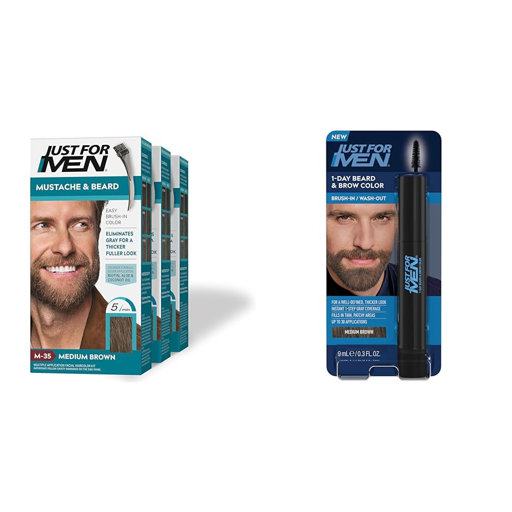 Just for MenMustache & Beard,Medium Brown, M-35, Pack of 3 + Just for Men 1-Day Beard & Brow Color, Temporary Color for Beard and Eyebrows, Up to 30 Applications, Medium Brown