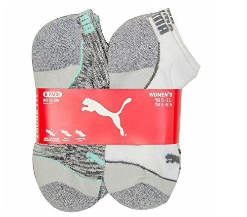 Puma Womens No Show All Sport Athletic Socks 6-Pair (White - Gray - Turquoise) Shoe Size 5 -9.5