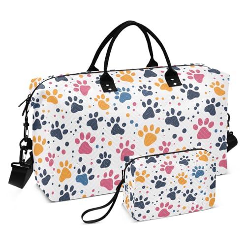 Colorful Paw Print Polka Dot Large Travel Duffle Bag Weekender Overnight Bags Gym Yoga Bag for Women Men with Toiletry Bag