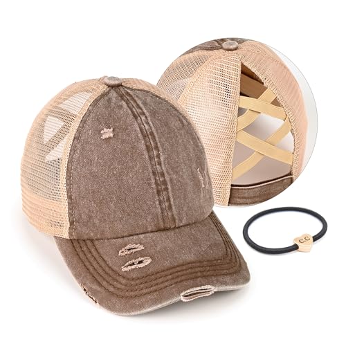 C.C Exclusives Washed Distressed Cotton Denim Criss-Cross Ponytail Hat Baseball Cap Bundle Hair Tie (BT-780)(BT-791) (Brown)
