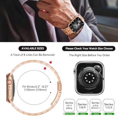 Image of Bestig Compatible with Apple Watch Bands for Men Women 49mm 46mm 45mm 44mm 42mm(Series 3 2 1), Stainless Steel Metal Business Wristband Strap for iWatch Ultra Series 11 10 9 8 7 6 SE 5 4, Rose Gold