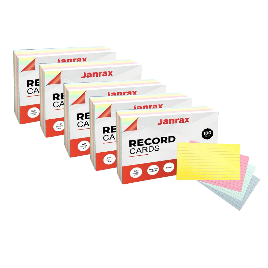 Pack of 600 Assorted Colour Ruled 5x3 Record Cards – Lined Study Index Cards for Notes, Revision