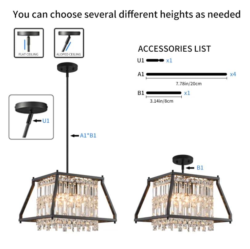 Image of LMQNINE Farmhouse Chandelier - Black Metal Crystal Pendant Light for Kitchen, Dining, Living Room - Flat & Inclined Ceiling (Trapezoid -15.74in)