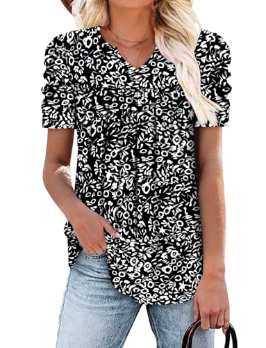 KISSMODA Tops for Womens Summer Cute Short Sleeve Shirts Trendy Notched Neck Blouses Casual Loose Pleated Tunics S-3Xl