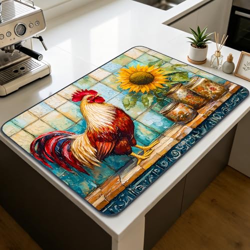 Image of Nuxovilar Rooster Stove Cover Diatom Mud 28.65x20.47 In | Glass Protector Countertop Mat Counter Saver Cooktop Cover Farmhouse Kitchen Patio Camper (Rooster Sunflower)