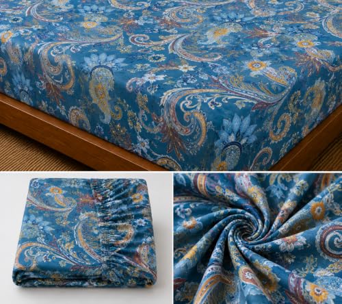 Image of Fitted Bedsheet Blue Paisley Floral Print Glace Cotton 210 TC | Single Size for Single Bed Fits 3 x 6.25 ft Mattress (36 x 75 Inch) | All Around Elastic | 2 Pillow Cover | 7 Inch Deep Pocket