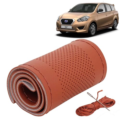 Image of KINGSWAY PU Leatherite Car Steering Cover Sewable Compatible with Datsun Go Plus (Year 2014 Onwards), Tan Color with Tan Thread, Pack of 1 with Sewing Needle and Thread