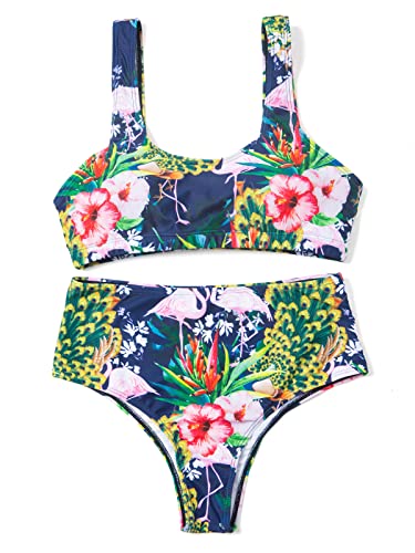 HenzWorld Bikini de 2 Piezas para Mujer, Traje de baño Halter de Talle Alto, Traje de baño para Mujer, con Estampado Floral, Flamenco 2278, S/M Cover