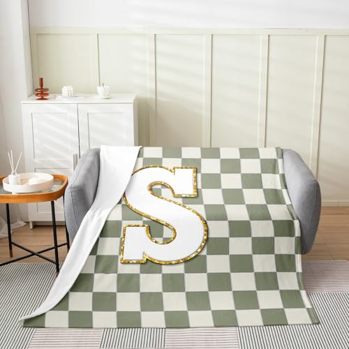 Image of Erosebridal Sage Green Checkered Fleece Blanket Throw 50 inchx60 inch Plaid Initial S Flannel Blanket Personalized Monogram Fuzzy Plush Throw for Kids Boys Girls,Fashion Grids Gingham Decor for Bed Couch
