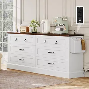 DWVO Farmhouse 6 Drawers Dresser, 59" Wide Wood Rustic Chest of Drawers with Nice Texture, Vintage Design, Storage Dressers Organizer for Living Room, Hallway, White
