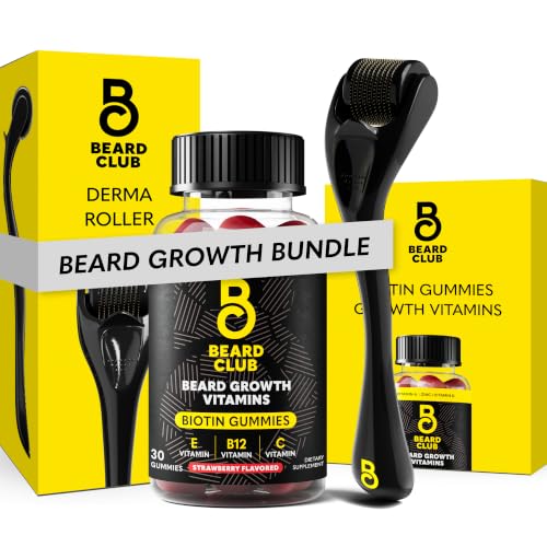 The Beard Club Derma Roller and Beard Growth Gummies Bundle - Mens Grooming Kit with 540 Titanium Microneedle Face Roller 0.25 mm and Biotin Vitamin Gummy Supplement for Facial Hair