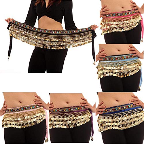 Image of VRITRAZ Women's Chiffon Belly Dance Hip Scarf Waistband Belt Skirt Mixed Colors Beads and Golded Coins 56 Black