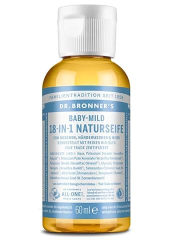 Dr. Bronners 18-IN-1 Naturseife | Organic Flüssigseife | Baby Mild ohne Duft | Duschgel, Handseife, Shampoo und vieles mehr | Mit Bio Ölen | Fair Trade | 60 ml