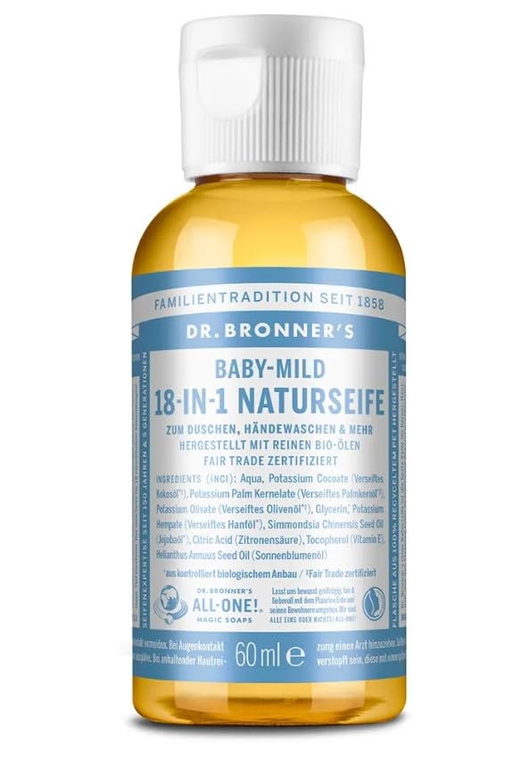Dr. Bronners 18-IN-1 Naturseife | Organic Flüssigseife | Baby Mild ohne Duft | Duschgel Handseife Shampoo und vieles mehr | Mit Bio Ölen | Fair Trade | 60 ml
