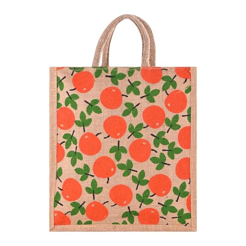 Image of Kuber Industries Jute Shopping Bag for Women with Handle | Multipurpose and Reusable Carry /Shopping Bag for Grocery | Apple Print - Brown & Red