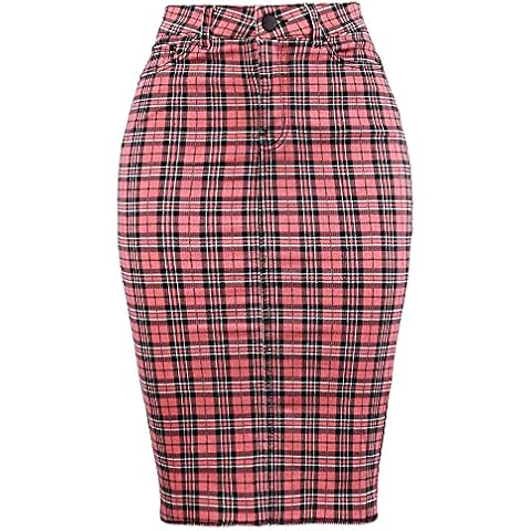 A2Y Women's Slim Fit Rayon Knee Length Unhem Back Slit Denim Jean Pencil Skirt, Yawskm0008 Pink Plaid Check, Large Cover
