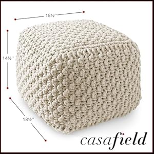 Casafield square pouf ottoman natural 185 w x 185 d x 145 h cotton knit foot stool boho floor pouffe for living room bedroom home office  urban country home decor