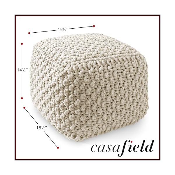 Casafield square pouf ottoman natural 185 w x 185 d x 145 h cotton knit foot stool boho floor pouffe for living room bedroom home office  urban country home decor