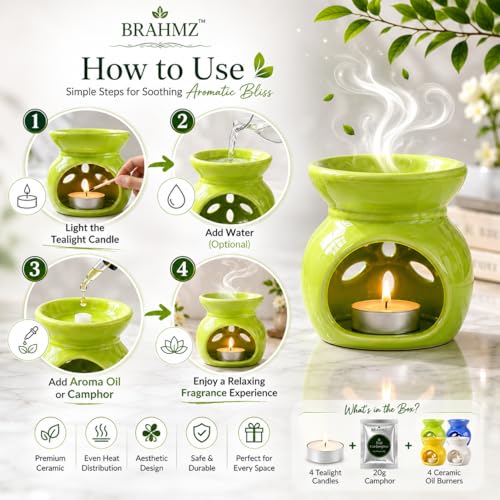 Image of BRAHMZ Ceramic Oil Burner Set of 4 with 20gm Bhimseni Camphor - Aroma Oil Diffuser for Essential Oils, Aromatherapy, Home Fragrance, Meditation, Spa, Yoga & Gifting (with Bhimseni Camphor)