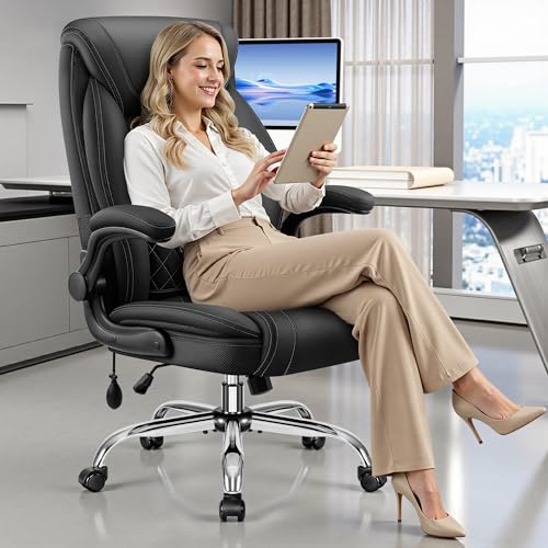Image of BestGlory Executive Office Chair with Lumbar Support, Big and Tall Ergonomic Computer Desk Chair, Leather Comfy High Back Gaming Chair with Flip Up Arms & Rocking Function for Home Office, Black