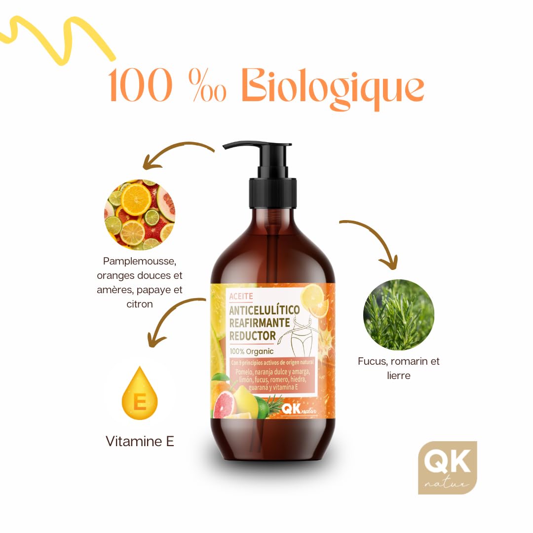 QKnatur - Huile Anti-Cellulite Raffermissante et Réductrice (250 ml). Aux 9 Principes Actifs d'Origine Naturelle pour le massage Anti-Cellulite Maderothérapie