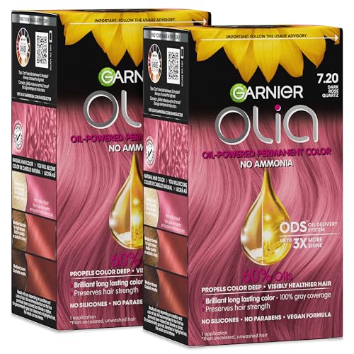 Garnier Olia Hair Color, Ammonia-Free Permanent Hair Dye, Oil-Powered Formula for 100% Gray Coverage and 3x Shinier Hair, Vegan & Cruelty Free, 7.20 Dark Rose...