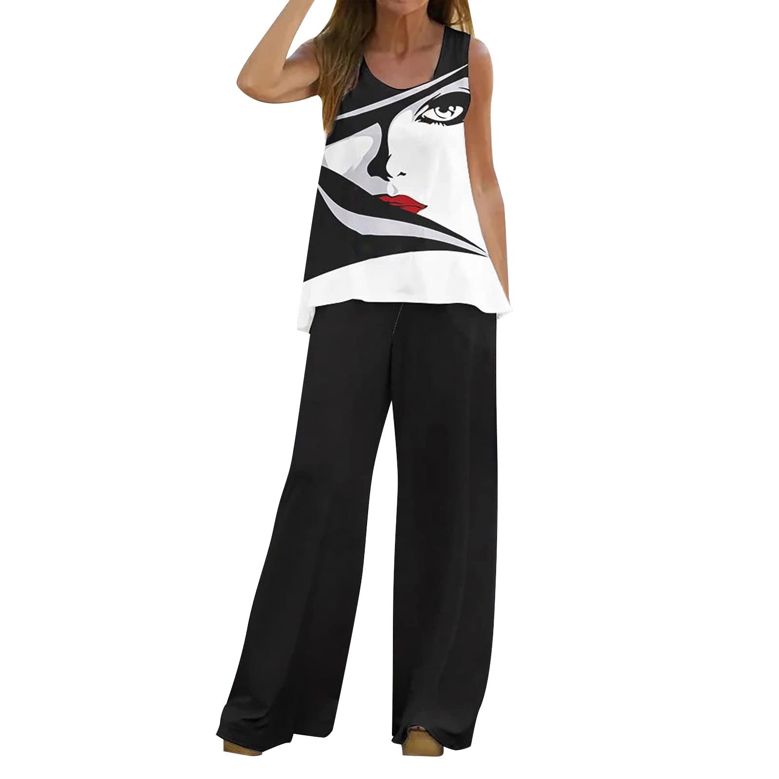 Generic Chandal Mujer Casual Original Chaleco Estampado Verano Para Mujeres Blusa Piernas Anchas Pantalones Largos Manga Corta 2024 Nueva Conjunto Mujer Vestir Dos Piezas Elegante