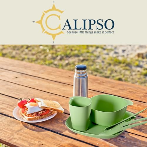 CALIPSO Camping Geschirr Set für 1 Personen | Bruchsicheres Plastikgeschirr, 3-teiliges Camping Geschirr Set, Geschirrset für Garten, Kunststoffgeschirr inkl. Teller, Schüssel, Tasse & Gratis Besteck
