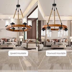 6 Light Wagon Wheel Chandelier,Round Wood Pendant Light with Seeded Glass Shade Rustic Farmhouse Pendant for Dining Room Kitchen and Entryway 6 Light Wagon Wheel ChandelierRound Wood Pendant Light with Seeded Glass Shade Rustic Farmhouse Pendant for Dining Room Kitchen and Entryway