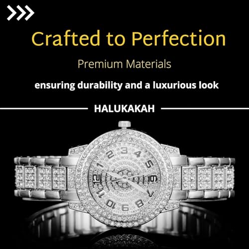 Image of Halukakah Diamonds Watch Iced Out for Boy Teens Kids - 18K Real Gold /Platinum Plated,Arabic Numerals Round Dial,Japanese Quartz - 7.7 inch Length - Optional with Cuban Link Chain - for Birthday,Parties