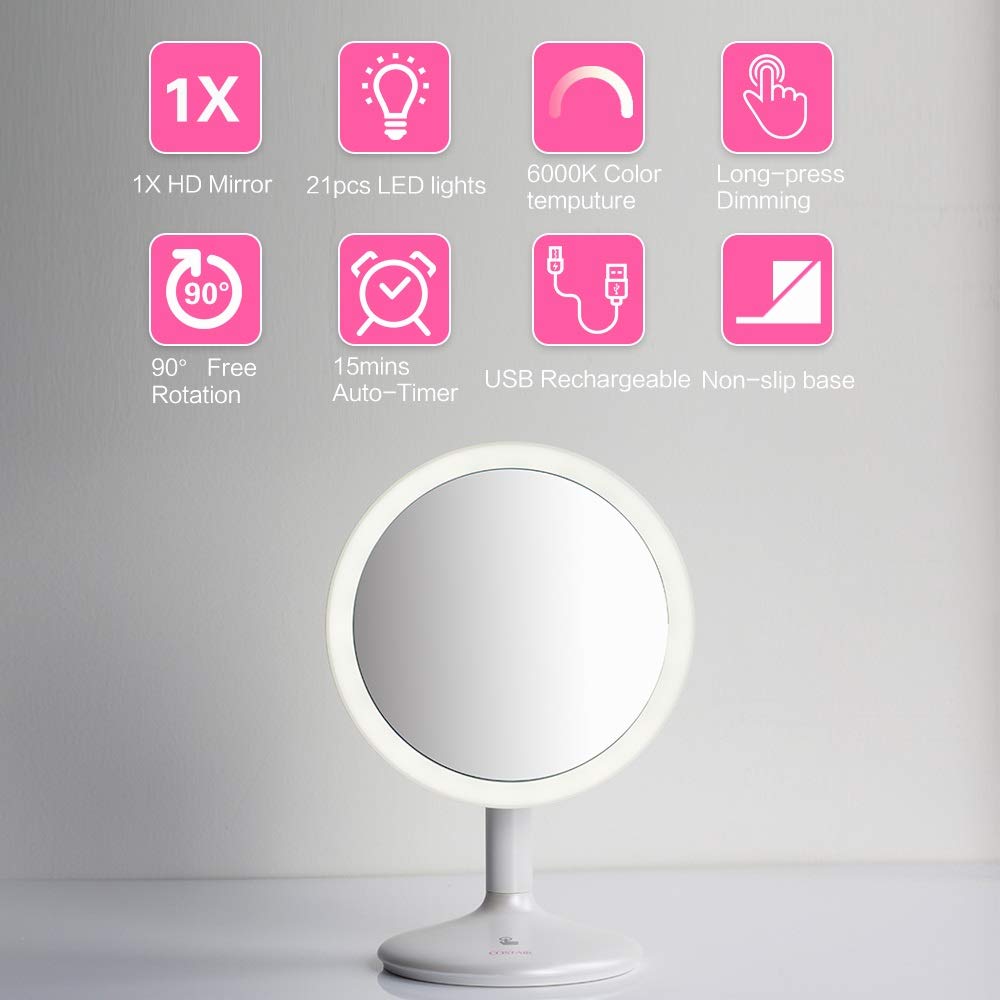 Espejo de Maquillaje ajouty 1x LED Espejo de Aumento de 90 rotación Espejo de vanidad con 21 LED Luces de Espejo cosmético Recargable.