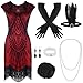 PLULON 1920s Sequin Beaded Fringed Flapper Dress Great Gatsby Dresses for Women with Roaring 20s Costumes Accessories Set (Dark Red,Large)